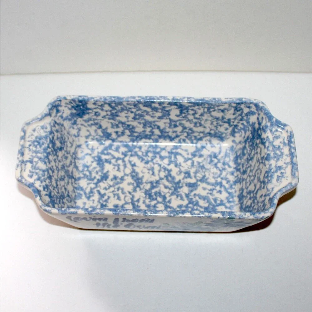 East Texas Pottery Spring Heart Loaf Pan stoneware spongeware blue ceramic baker